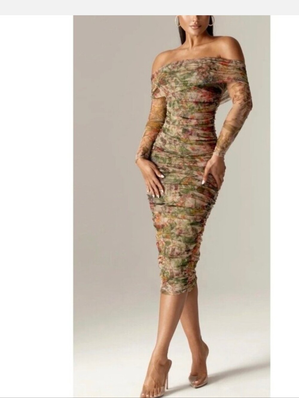 Alieva Olive Floral Ruched Off Shoulder Long Sleeve Bodycon Midi Dress 2XL